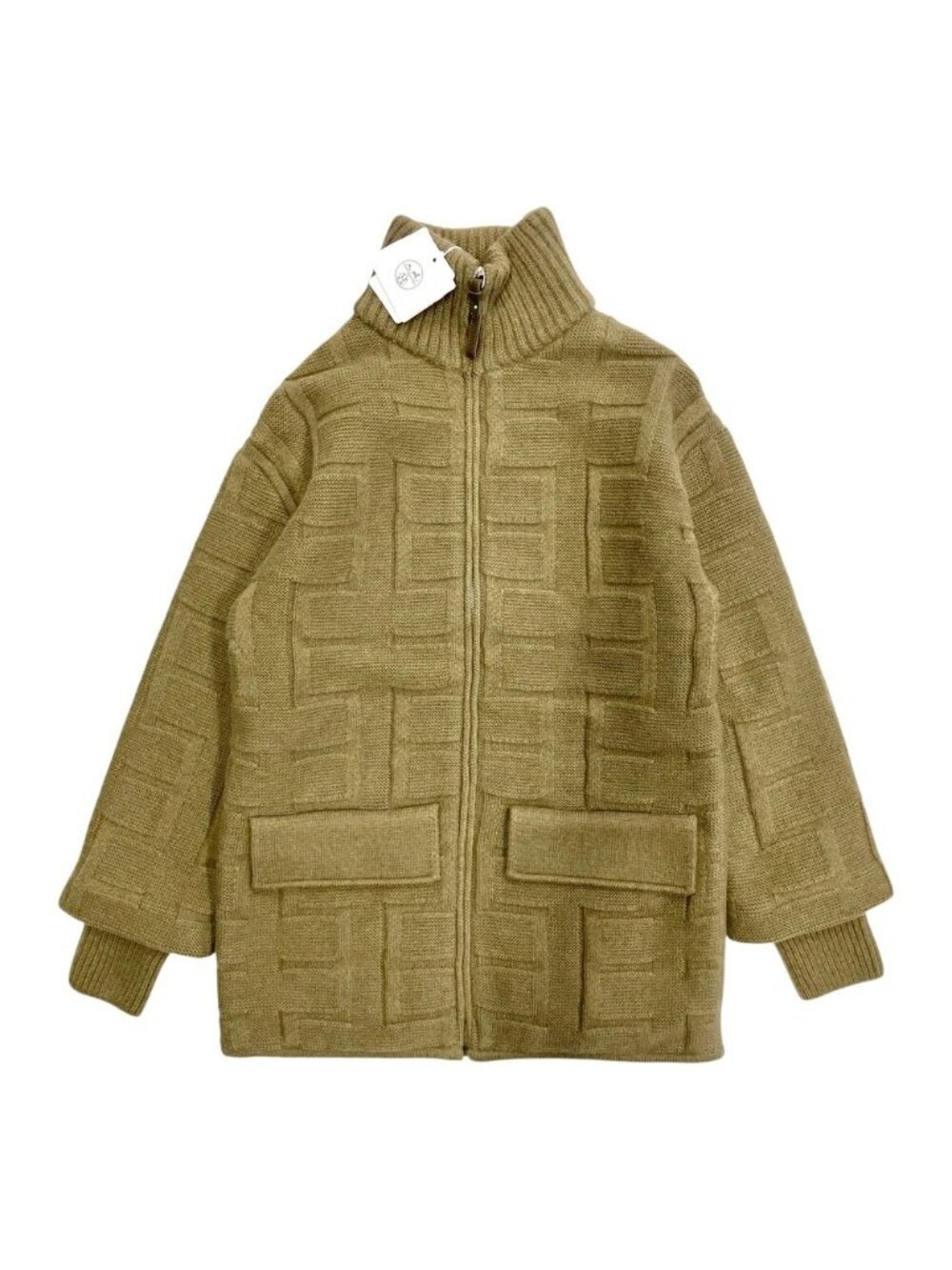 Hermes H Logo All Over Print Wool Knit Down Jacket High Neck Brown Olive 34